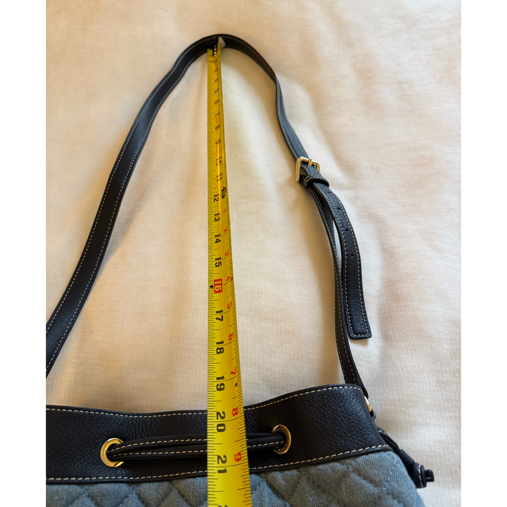 Talbots Purse Blue Quilted Bucket Bag Brown Leather Trim Crossbody Drawstring - Picture 7 of 11